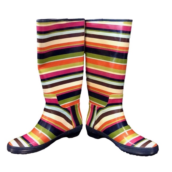 COACH Multi Stripe Mid Calf Rain Boots w Low Heel and Navy Lining Sz 7 - Picture 1 of 12